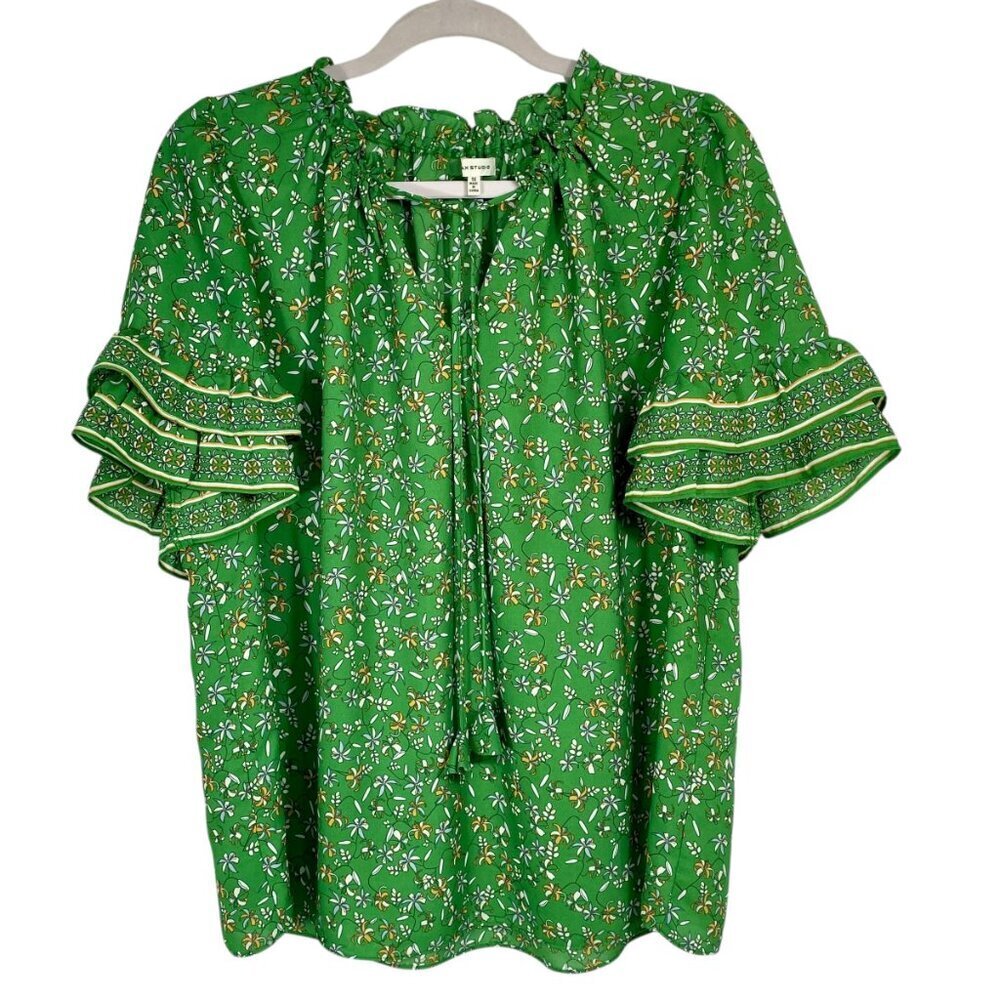 Max Studio Green Floral Peasant Blouse Ruffle Sleeve Tassel Tie Boho Top 1X - Picture 12 of 14